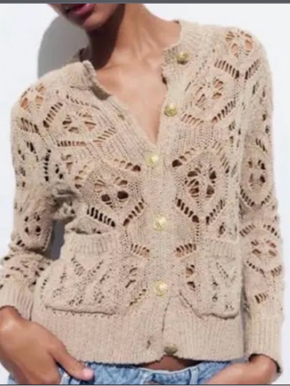 Zara Beige Openwork Knit Cardigan Sweater with Gold Buttons NWT Small